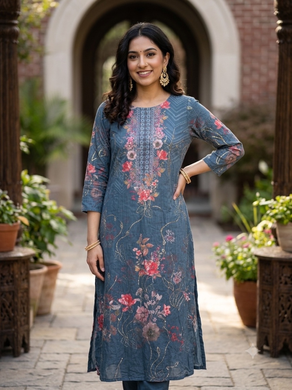 Blue Floral Printed Lawn Kurt Tunic Dress Sequined Embroidered South Asian S